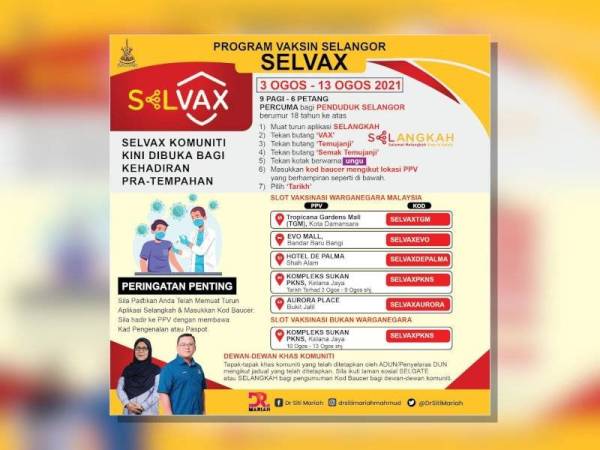 SelVax Komuniti mula dibuka untuk pendaftaran vaksinasi